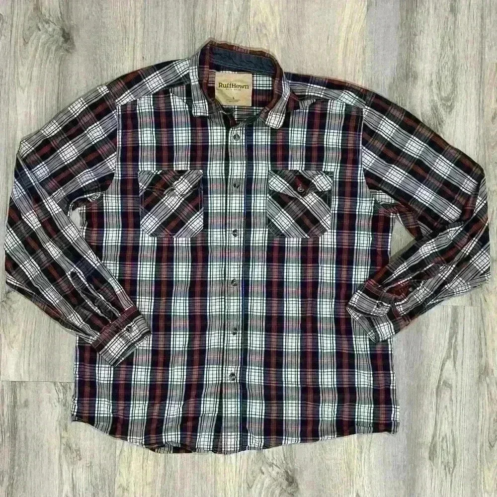 Ruff Hewn Well Worn Men’s Long Sleeve Plaid Button Down Shirt Navy Orange Size L